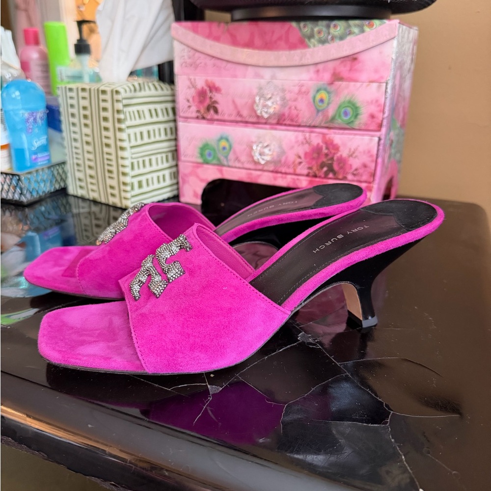 Tory Burch Fuchsia Suede Crystal-Embellished Slide Mules - Picture 5 of 8